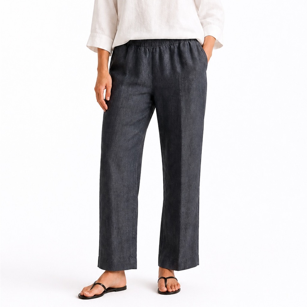 Eileen Fisher Organic Linen Pants Charcoal Blue Gray Elastic Waist  Pockets L